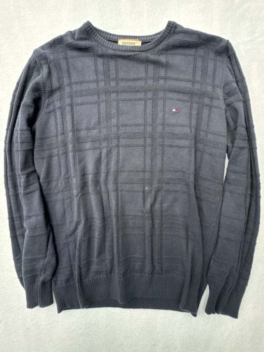 Hilfiger Denim Men's Navy Blue Structured Checkered Pattern Sweater 100% Cotton